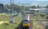 Colas Rail 60021 working 6D61 empty tanks south from Riccarton to Grangemouth. Taken from Western Road Bridge, Kilmarnock, on 31 August 2016.<br><br>[Ken Browne 31/08/2016]