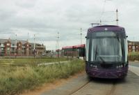 <I>Then, then, then and Now at Starr Gate</I>. Flexity tram 014 is stabled on the old turning circle at the Blackpool Tramway southern terminus on 9th September 2016. [See image 36176] from 2011, before the tramway reopened after refurbishment.  <br><br>[Mark Bartlett 09/09/2016]