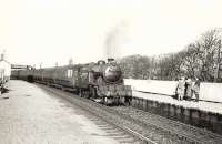 Platform scene at Cardross on a fine October day in 1957 as Gresley V1 2-6-2T 67623 arrives with a Glasgow bound stopping train. <br><br>[G H Robin collection by courtesy of the Mitchell Library, Glasgow 26/10/1957]