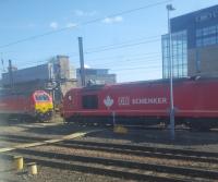 A pair of DB-liveried Class 67s at Newcastle. 'Keith Heller' on the left. Maybe awaiting dragging of 225s along the Tyne Valley.<br><br>[John Yellowlees 17/09/2016]