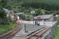 The Corris terminus of the short length of preserved railway from Maespoeth, seen in September 2016. There was originally a small passenger trainshed spanning the left hand line in pre-closure days. The line from Machynlleth originally continued beyond here to Aberllenfenni but the section above Corris was for goods only. The railway finally closed in 1948 with the first preserved trains running again in 2002.  <br><br>[Mark Bartlett 19/09/2016]