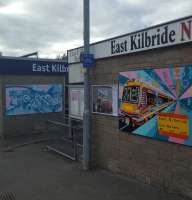 Two fine new murals at East Kilbride station. The choice of train indicates a certain artistic licence!<br>
<br>
Kiwi Pre-School Playgroup worked with artist Frank Carty of <a target=external href=http://www.artisanartworks.com/>Artisan Artworks</a> to produce these murals, supported by ScotRail.<br><br>[John Yellowlees 21/09/2016]