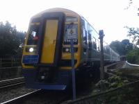 An unexpected Rail Operations Group train leaving Wetheral viaduct on 10/09/2016 approaching Great Corby heading towards Newcastle. So unexpected was it, I managed to maintain the drivers anonymity with the sign!<br><br>[Brian Smith 10/09/2016]