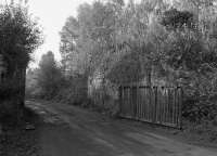 Looking along the access road from the A915 towards the site of the Dysart Colliery, Randolph Pit (known locally as The Randy) in 1990. The pit, opened by the Earl of Rosslyn's Collieries in 1850, was served by a branch from the ECML and closed in April 1968. Latterly the siding encircled the pit and crossed the access road at this point.<br><br>[Bill Roberton //1990]