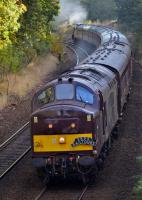 West Coast 37669 nears Dalgety Bay with the SRPS Fife-Tweedbank excursion on 9 October.  Black Five 45407 is on the rear.<br><br>[Bill Roberton 09/10/2016]