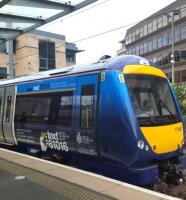 170407 in British Transport Police vinyls at Haymarket today. The re-liveried set bearing the text number 61016 was launched by transport minister Humza Yousaf.<br><br>[John Yellowlees 20/09/2016]