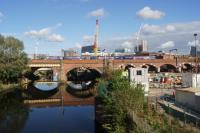 A Blackpool North to Manchester Airport service crosses the River Irwell on 08 October 2016. There are considerable changes since my last visit a few months ago with the work on the new Ordsall curve taking place.<br><br>[John McIntyre 08/10/2016]