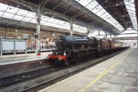 Ex LMS 4-6-0 Jubilee no. 45690 'Leander' arrives at Preston on the evening of 15 October 2016. The loco is working the return leg of the CME railtour and the loco is about to be changed for 86259 'Peter Pan/Les Ross' for the rest of the trip to Euston.<br><br>[John McIntyre 15/10/2016]