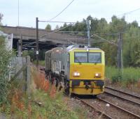 The 'leaf train'  on the Whifflet Loop line, passing the site of the former NB station (closed 1930) [see image 10348].<br><br>[Alastair McLellan 10/10/2016]