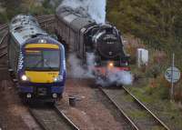 45407 waits in Inverkeithing Up Loop with the second Dalgety Bay - Tweedbank trip of the day, being passed by 170430 on a Dundee - Edinburgh service.  10 October.<br><br>[Bill Roberton 10/10/2016]