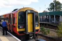 A rear view of 159008 on an eastbound passenger at Andover station.<br><br>[Peter Todd 15/10/2016]