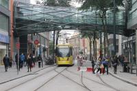 Metrolink Tram 3094 reverses on Corporation St, just beyond the temporary terminus at Exchange Square, before running back to the platform and forming a service for Rochdale. When the Second City Crossing (2CC) is complete trams will continue through to St Peters Square to rejoin the existing Metrolink tracks.  <br><br>[Mark Bartlett 21/10/2016]