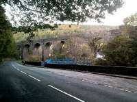 As the road beneath curves right, the single track rail viaduct curves to the left - honest! You will also have to take it from me that there is an equally elegant former canal viaduct to the right, and that access to the cyclepath across the viaduct is from a path around the back of a closed school on Oakwood Avenue. View looks North-East. [Ref query 44441]<br><br>[Ken Strachan 22/10/2016]