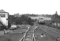 A diverted Anglo-Scottish service comes off Carronbridge Viaduct northbound during WCML electrification work in the early 1970s. The train is headed by a pair of EE class 50 locomotives which will have taken over at Crewe.<br><br>[Dougie Squance (Courtesy Bruce McCartney) //]