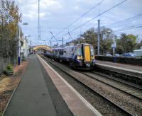 A 380 with an afternoon service to Ayr calls at Glengarnock on 22/10/2016. You'll have to imagine the autumn smell of brown leaves.<br><br>[David Panton 22/10/2016]