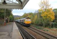 GBRf 66751 heads a long Liverpool to Drax biomass train through Hebden Bridge on the 21st October 2016. <br><br>[Mark Bartlett 21/10/2016]