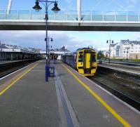 A service for Glasgow about to depart Stirling on 26/10/2016. During the day alternate trains run through from Alloa to provide a half-hourly stopping service to Glasgow as well as the regular expresses.<br><br>[David Panton 26/10/2016]