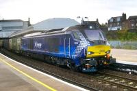 68006 in Scotrail livery passing north through Arbroath station on 28 October 2016 with the afternoon Grangemouth - Aberdeen Intermodal.<br><br>[Sandy Steele 28/10/2016]