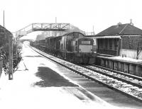 Clayton D8578 at Hassendean on 21 February 1969 with a northbound freight - thought to be the daily E 10 freight with redundant track added. <br><br>[Dougie Squance (Courtesy Bruce McCartney) 21/02/1969]