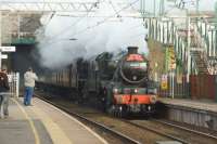 Ian Riley's LMS Black 5s nos. 44871 and 45407 make an impressive sight as they pass Euxton Balshaw Lane station whilst working 'The Tin Bath' railtour from Preston to Sheffield on 06 November 2016.<br><br>[John McIntyre 06/11/2016]