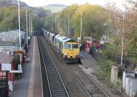 Freightliner 66562 climbs through Walsden with a loaded coal train travelling from Ferrybridge to Fiddlers Ferry on 31st October 2016. The present Walsden station opened in 1990, replacing the original that closed in 1961.<br><br>[Mark Bartlett 31/10/2016]