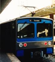 Newly built Ansaldo Breda MB100 train about to depart for Roma Termini. At that time the main heavy rail station was also the terminus of Line B of the Roman subway system. A few weeks later a new terminus was opened at Rebibbia after the line was extended into the north east suburbs of the Eternal City.<br><br>[Charlie Niven /10/1990]