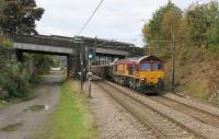Freight over the Settle and Carlisle has been greatly reduced in 2016 by the Armathwaite landslip closure but the Newbiggin gypsum trains still run. DBS 66021 is seen passing the new station at Apperley Bridge with a train for the yard at Milford West on 21st October 2016. <br><br>[Mark Bartlett 21/10/2016]