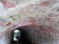 Interior view of the bridge which once carried the strathspey line.  Note the remarkable condition of the granite stone work, along with a brick arch built to carry the earthworks and line above. [See image 56982].<br><br>[Clive Meredith 04/09/2016]