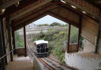 An ascending car nears the upper station of the Aberystwyth Cliff Railway on Constitution Hill. From here there are panoramic views of the coastline and town, including those through a restored camera obscura.<br><br>[Mark Bartlett 18/09/2016]