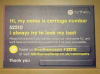 These stickers, personalised to the actual carriage, are now found in all Northern trains with passengers encouraged to report any damage or cleanliness issues for prompt attention. This particular vehicle is one half of Newton Heath based Sprinter 150210.<br><br>[Mark Bartlett 21/10/2016]