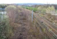 Coming together. View south approximately half way between Dalmarnock station and the River Clyde on 1 April 2007. To the left is the trackbed of the high level Switchback, while on the right the Glasgow Central Railway has almost completed its climb up from Dalmarnock station. The two routes came together at Strathclyde Junction just south of here, before crossing the River to reach Rutherglen.  <br><br>[John Furnevel 01/04/2007]