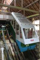 The <I>business end</I> of the CAT funicular. This is the upper station with car <I>Martha</I> sitting in front of the winding gear. The water tank roughly occupies the blue area below Martha's front windscreen and the slight staining shows the outlet where water is discharged at the lower station.<br><br>[Mark Bartlett 19/09/2016]