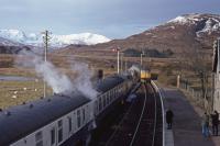 26032 and 26044 cross at Achnasheen. View looks west.<br><br>[Graeme Blair 12/04/1983]
