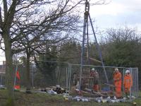 Test borings have been carried out near Baillieston Station with a view to replacing the ageing Muirhead Road overbridge, which has had a weight restriction and traffic lights reducing it to a single carriageway for a number of years. An unworked seam of coal has been discovered under the east side of the bridge – reassuring as the area is riddled with old mine workings. <br><br>[Colin McDonald 21/12/2016]