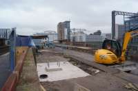 Work in progress at Salford Central on 15 December 2016 in the area of the disused platforms. To the left is are the platforms on the line from Salford Crescent to Manchester Victoria and on the right are the through lines from Ordsall Jct also heading to Victoria.<br><br>[John McIntyre 15/12/2016]