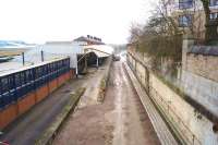 Looking south from Trinity Street road bridge along the disused platform at Bolton in December 2016. This platform is scheduled to be brought back into service as part of the current electrification project.<br><br>[John McIntyre 15/12/2016]