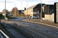 The site of Kelso station looking west towards St Boswells on 27 December 2016. The waving eejit is standing at the junction of the A698, which now occupies the trackbed and the B6352 Station Road, at the spot where a bridge once carried the latter  over the station [see image 31572]. [Ref query 333]<br><br>[John Furnevel 27/12/2016]