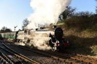 The sun shone today, so it was off to the MHR. The two working engines were 45379 and 76017, with the latter newly restored to active service.<br>
<br>
Here 45379 is seen departing Ropley in grand style.<br><br>[Peter Todd 28/12/2016]