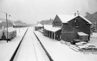 Looking north from the footbridge at Blair Atholl in the winter of 1975.<br><br>[Bill Roberton //1975]