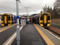 158 from Edinburgh arriving to form the 10.29 ex Tweedbank at Platform 1. <br>
The 158 on platform 2 is there for much of the day.<br>
<br><br>[Bruce McCartney 03/01/2017]