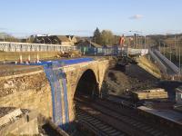 The overbridge at Station Road Shotts seen a few days before it was due to be demolished as part of the preparation for electrification. A later concrete extension which carried the pavement has already been removed leaving the original masonry work (minus the original parapet).<br><br>[Colin McDonald 04/01/2017]