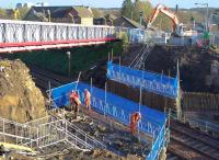 View from the top of the platform 2 ramp at Shotts a few days after demolition of Station Road overbridge, with work in progress on preparations for the replacement structure to cater for electrification. [See image 57713] for a similar a view 7 days earlier.<br>
<br><br>[Colin McDonald 11/01/2017]