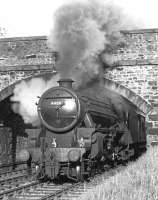 Kingmoor Black 5 44884 runs through Galashiels with a down freight in May 1963. <br><br>[Dougie Squance (Courtesy Bruce McCartney) /05/1963]