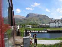 Classic view of Ben Nevis from the afternoon Jacobite to Mallaig at Banavie on 3rd June 2016.<br><br>[David Spaven 03/06/2016]