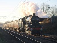 The first main line steam of 2017. 45690 <I>Leander</I> takes the <I>Cumbrian Mountain Express</I> north through Woodacre on 21st January 2017. The train was a return excursion from Manchester Victoria to Carlisle via Shap and idling on the rear was a very shiny EE Type 3 37706. <br><br>[Mark Bartlett 21/01/2017]