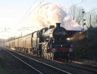 The first main line steam of 2017. 45690 <I>Leander</I> takes the <I>Cumbrian Mountain Express</I> north through Woodacre on 21st January 2017. The train was a return excursion from Manchester Victoria to Carlisle via Shap and idling on the rear was a very shiny EE Type 3 37706. <br><br>[Mark Bartlett 21/01/2017]