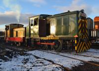 Ruston Hornsby 88DS 421415 of 1958 shunts former RAF Leuchars NBL 27421 of 1955 'River Eden' at Kirkland Yard, the KFRPS site.<br><br>[Bill Roberton 14/01/2017]