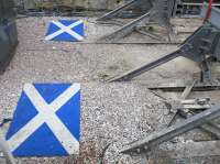 The Saltires at the end of the platform 2 and 3 roads as restored after the recent work at Queen Street High Level. But after the next phase of the station redevelopment, will we have extended patriotic platforms?<br><br>[Colin McDonald 25/01/2017]