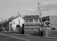 North Seaton signalbox, Ashington, in 1986. View looking east with the 'Black Bridge' viaduct over the Wansbeck out of shot off to the right. With closure of the Ashington signal box, this is the last remaining box in Ashington.<br><br>[Bill Roberton //1986]