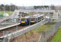 The first trains of the day north and south on the Borders Railway cross at Shawfair at 0925 on Sunday 5 February 2017. Both are on time -  and not a 158 in sight. <br><br>[John Furnevel 05/02/2017]